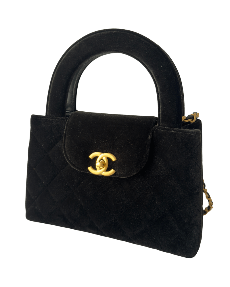Chanel 25A Black Velvet Quilted Nano Kelly Shopper Aged Gold Hardware