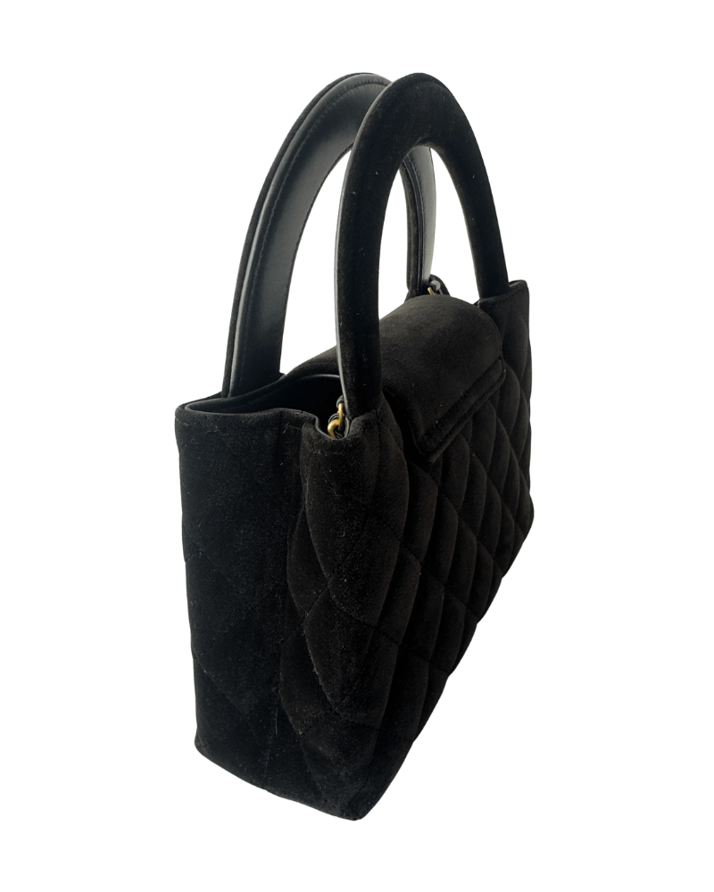 Chanel 25A Black Velvet Quilted Nano Kelly Shopper Aged Gold Hardware