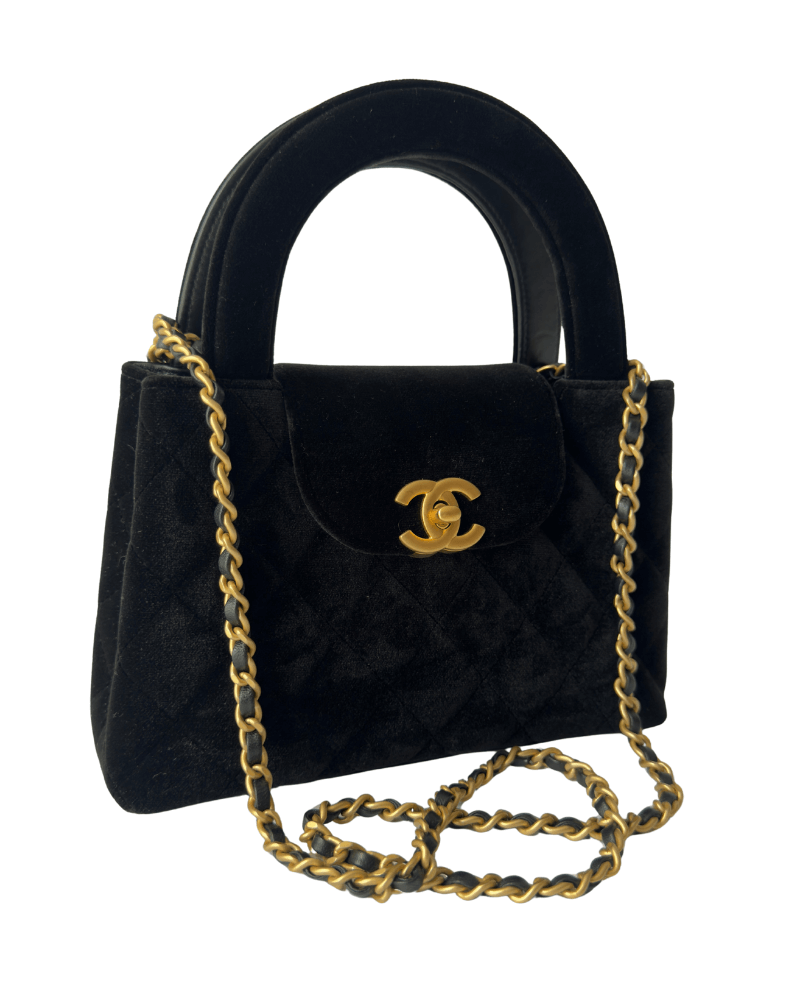 Chanel 25A Black Velvet Quilted Nano Kelly Shopper Aged Gold Hardware
