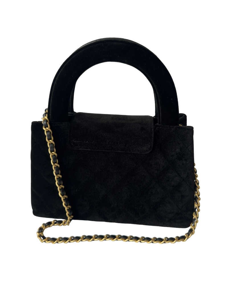Chanel 25A Black Velvet Quilted Nano Kelly Shopper Aged Gold Hardware