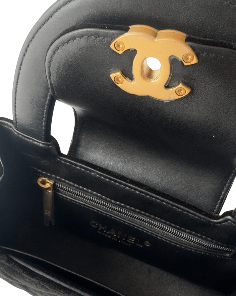 Chanel 25A Black Velvet Quilted Nano Kelly Shopper Aged Gold Hardware