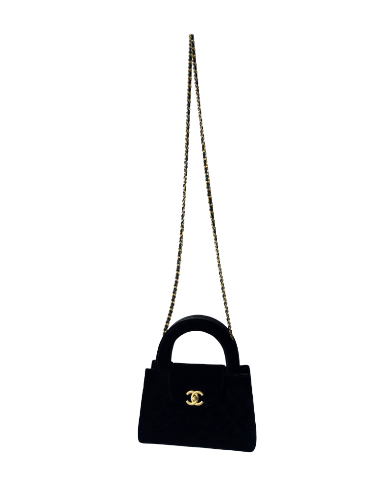 Chanel 25A Black Velvet Quilted Nano Kelly Shopper Aged Gold Hardware