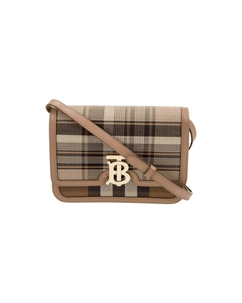 Burberry Calfskin Tartan Print Small TB Bag Light Fawn