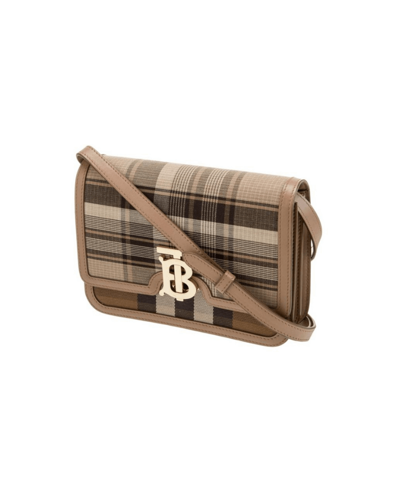 Burberry Calfskin Tartan Print Small TB Bag Light Fawn