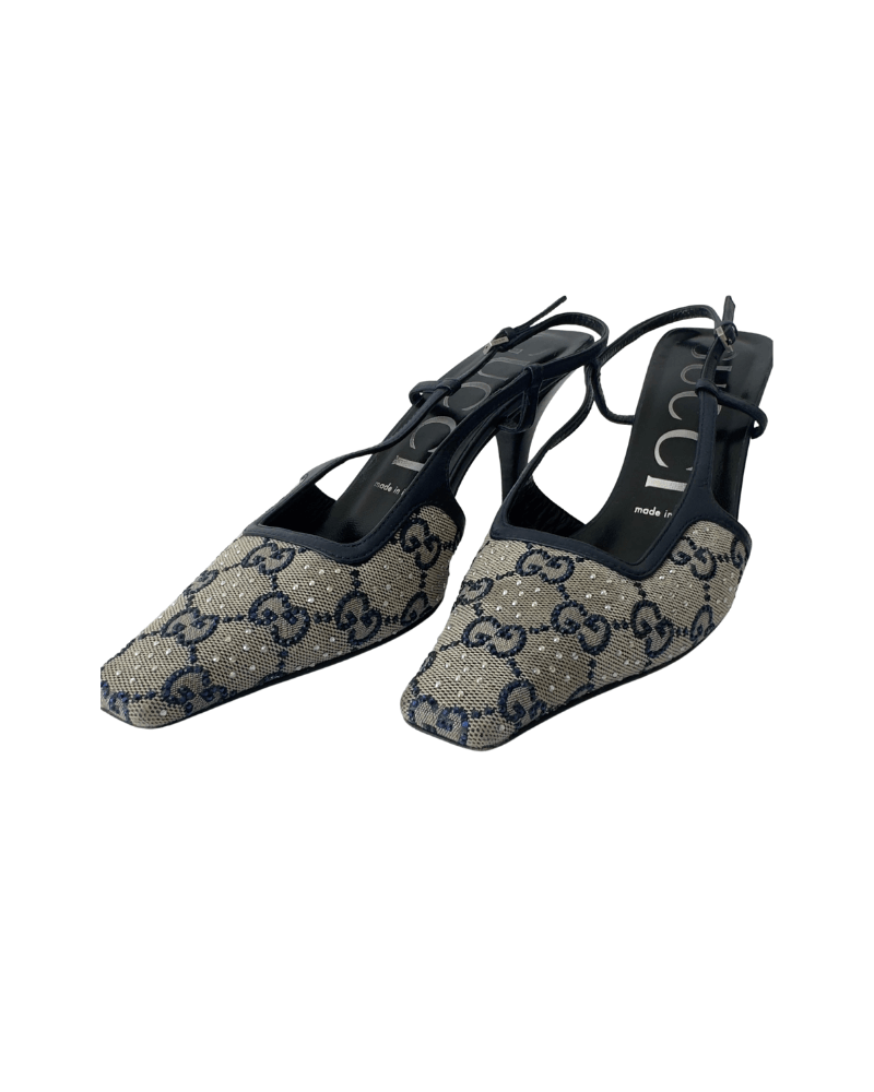 Gucci Monogram Pattern Crystal Embellishments Slingback Pumps | Size EU 36 1/2