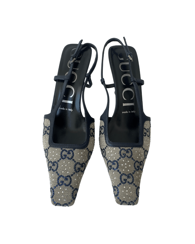 Gucci Monogram Pattern Crystal Embellishments Slingback Pumps | Size EU 36 1/2