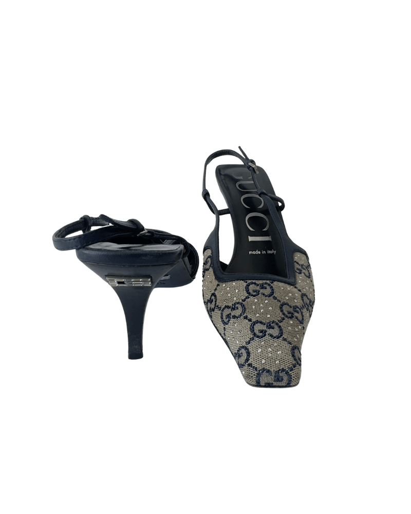 Gucci Monogram Pattern Crystal Embellishments Slingback Pumps | Size EU 36 1/2