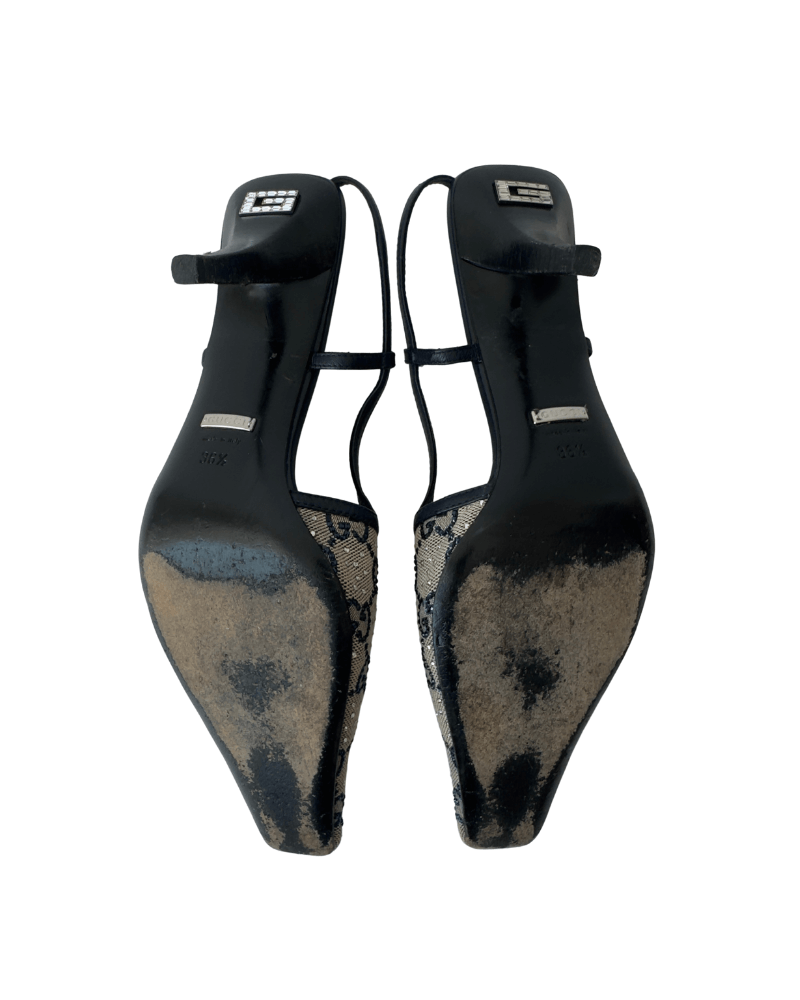 Gucci Monogram Pattern Crystal Embellishments Slingback Pumps | Size EU 36 1/2