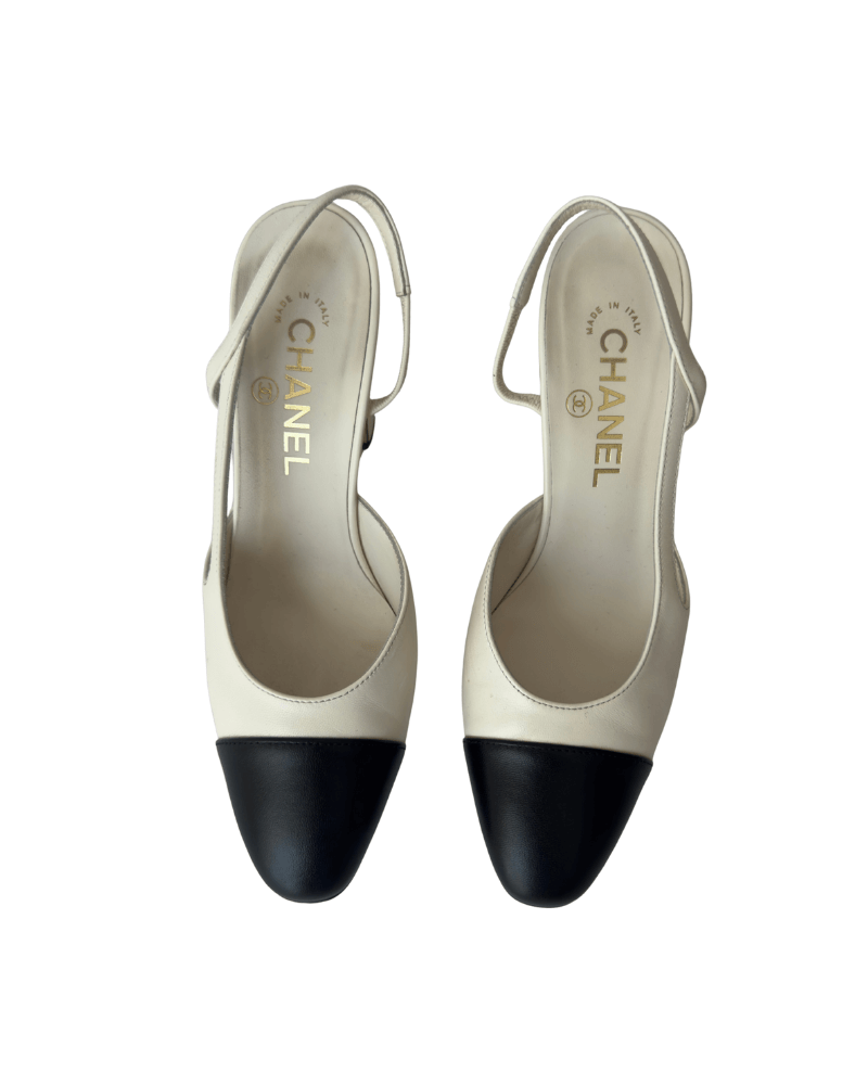 Chanel Lambskin Grosgrain Cap Toe CC Slingback Pumps | Size EU 37C