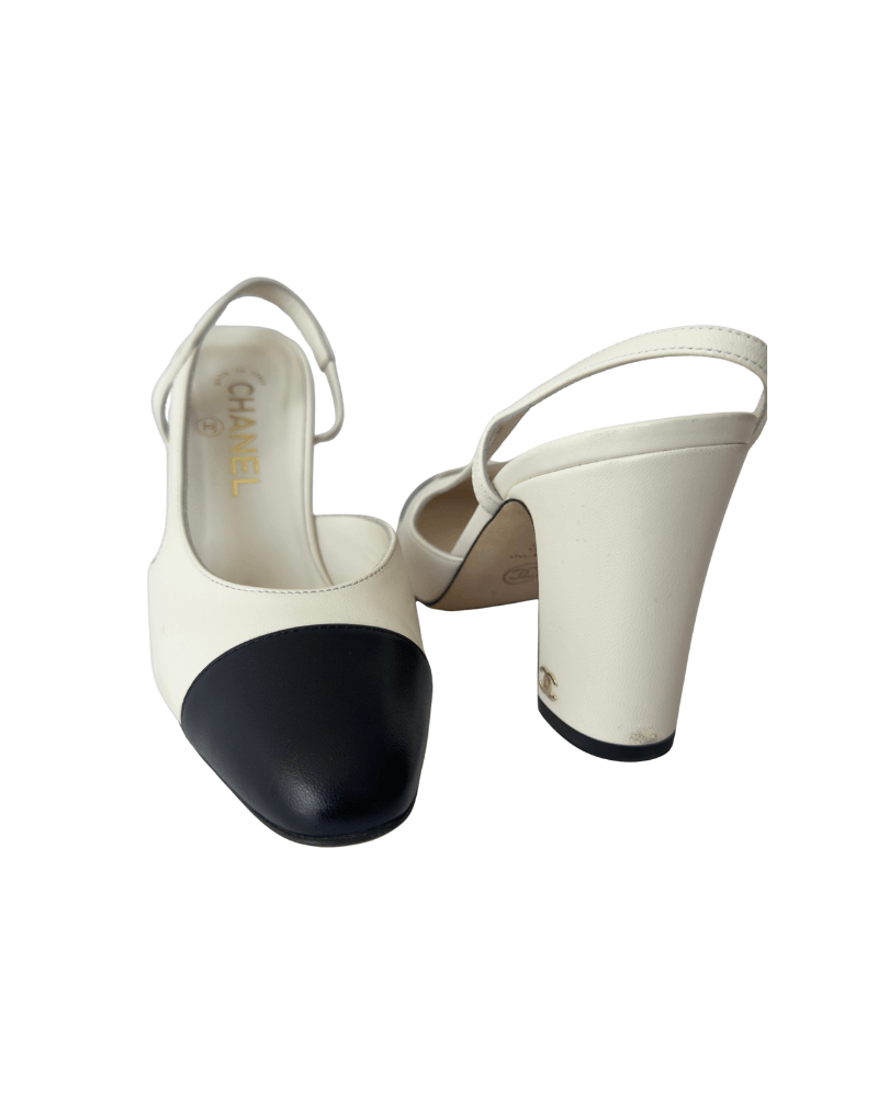 Chanel Lambskin Grosgrain Cap Toe CC Slingback Pumps | Size EU 37C