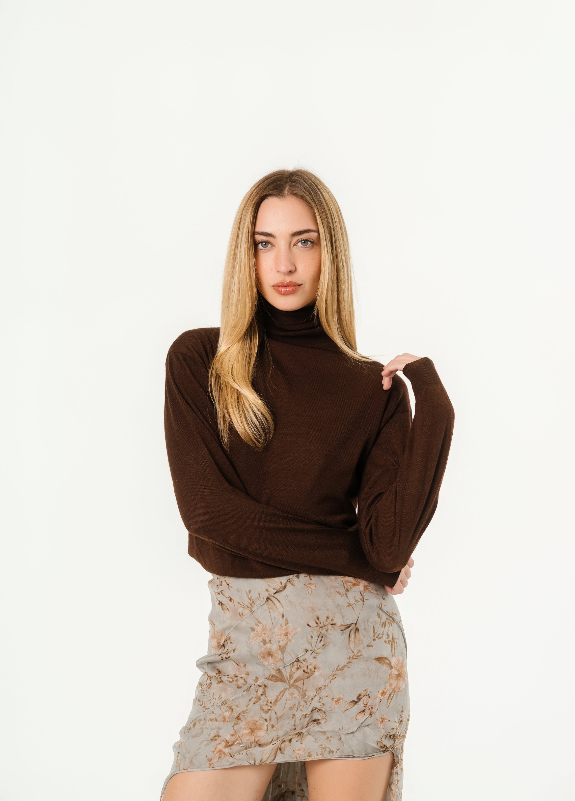 Sweater toro neck YSL in cashmere wool and silk brown