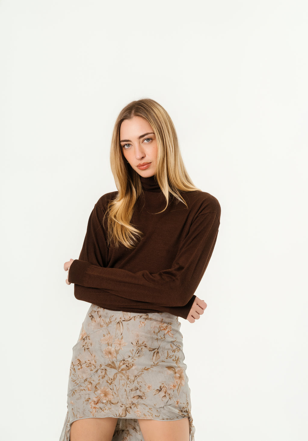 Sweater toro neck YSL in cashmere wool and silk brown