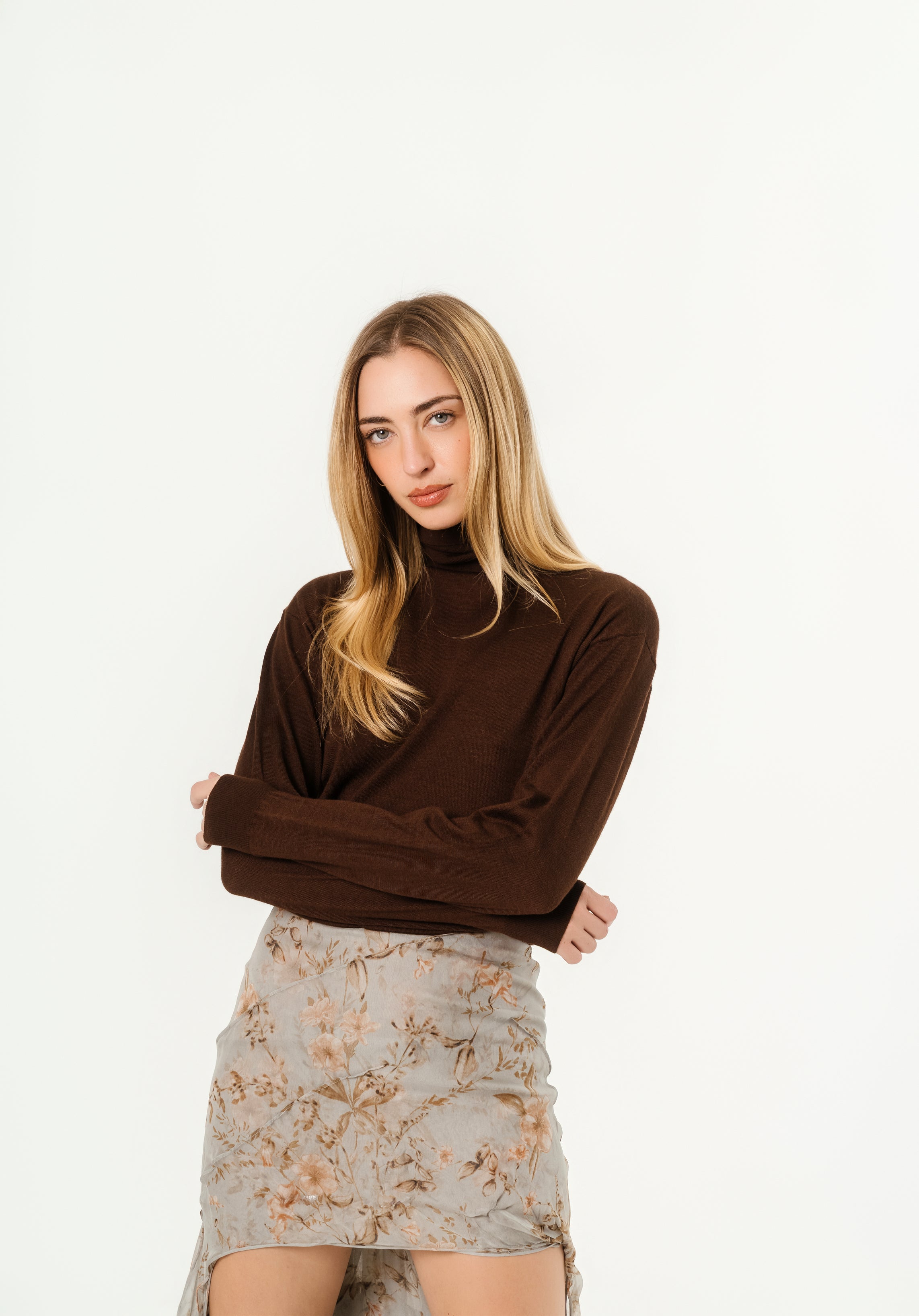 Sweater toro neck YSL in cashmere wool and silk brown