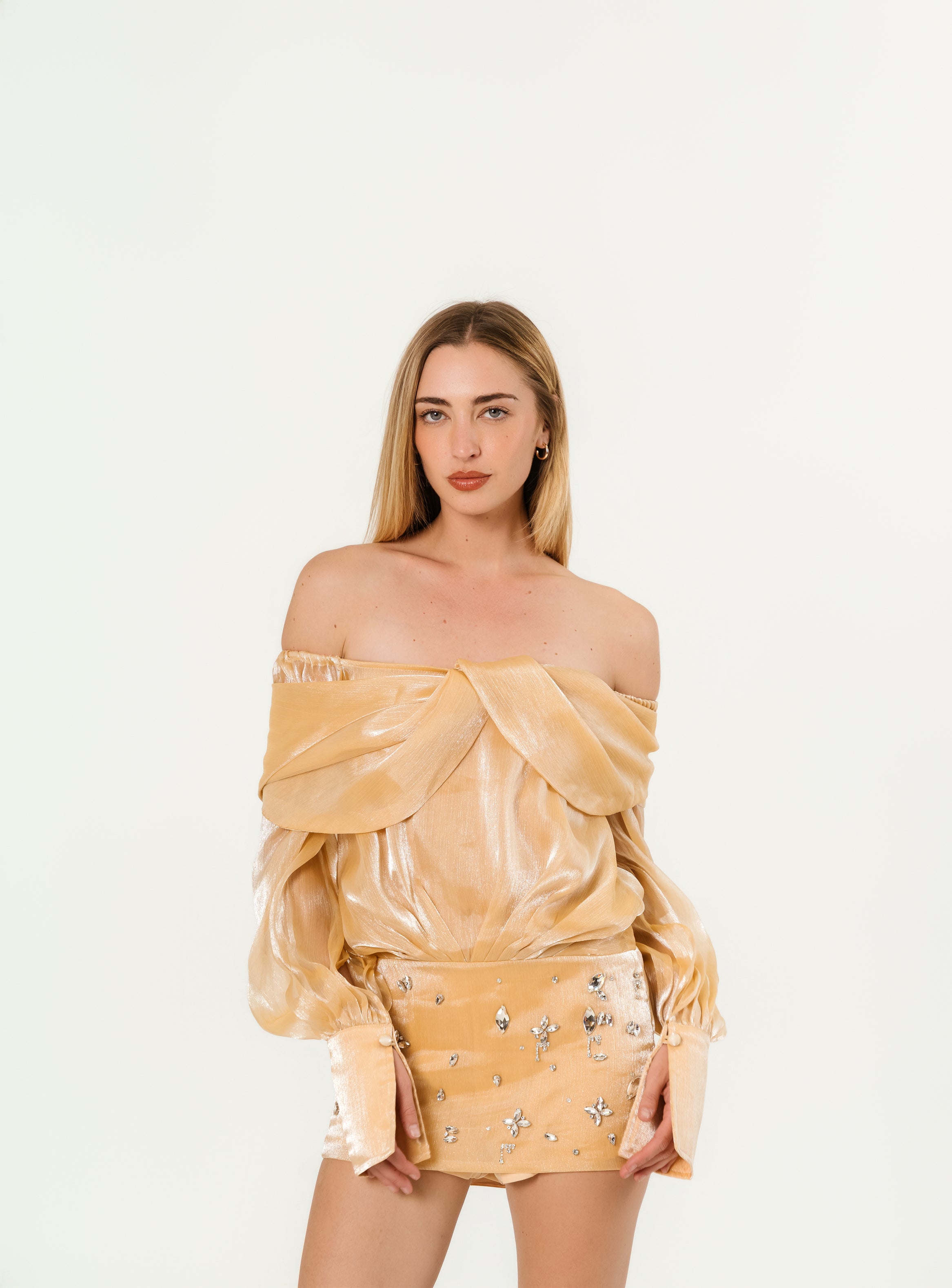 Miss Rosie Gold Crystal Imbellished Panelled Mini Dress