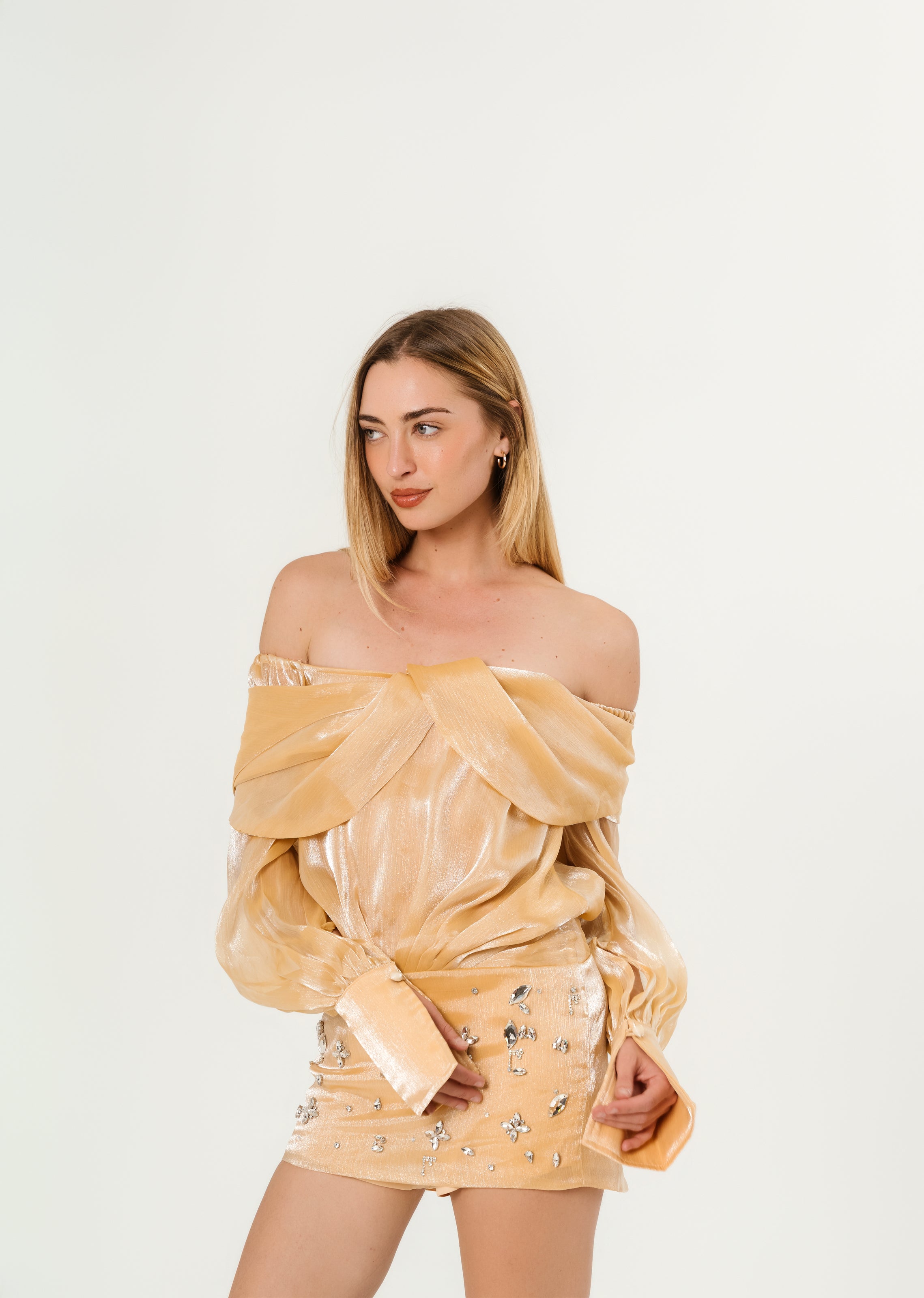 Miss Rosie Gold Crystal Imbellished Panelled Mini Dress