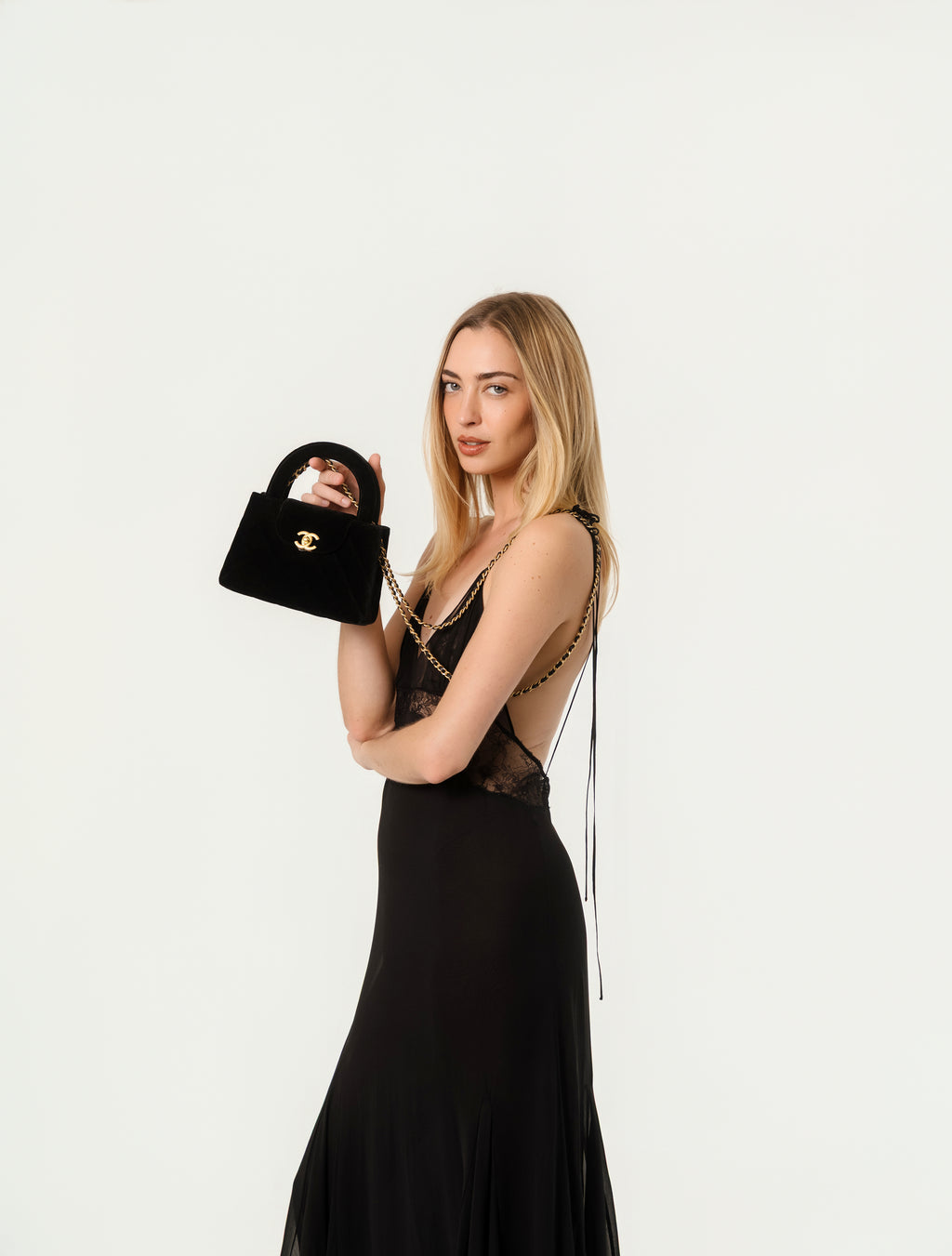 Chanel 25A Black Velvet Quilted Nano Kelly Shopper Aged Gold Hardware