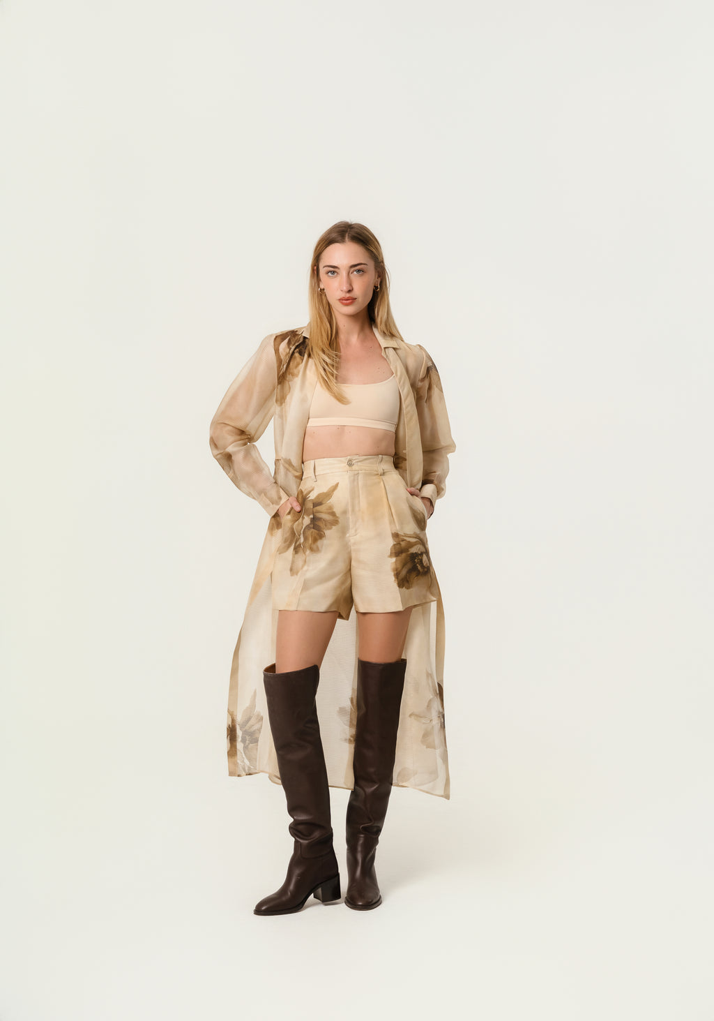 Ralph Laurent Tracy Pleated Floral Silk Gauze Short XXXS