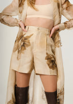 Ralph Laurent Tracy Pleated Floral Silk Gauze Short XXXS