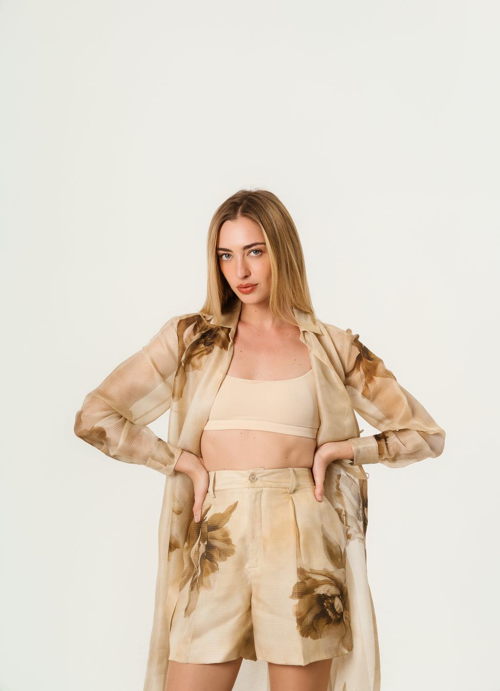 Ralph Laurent Tracy Pleated Floral Silk Gauze Short XXXS