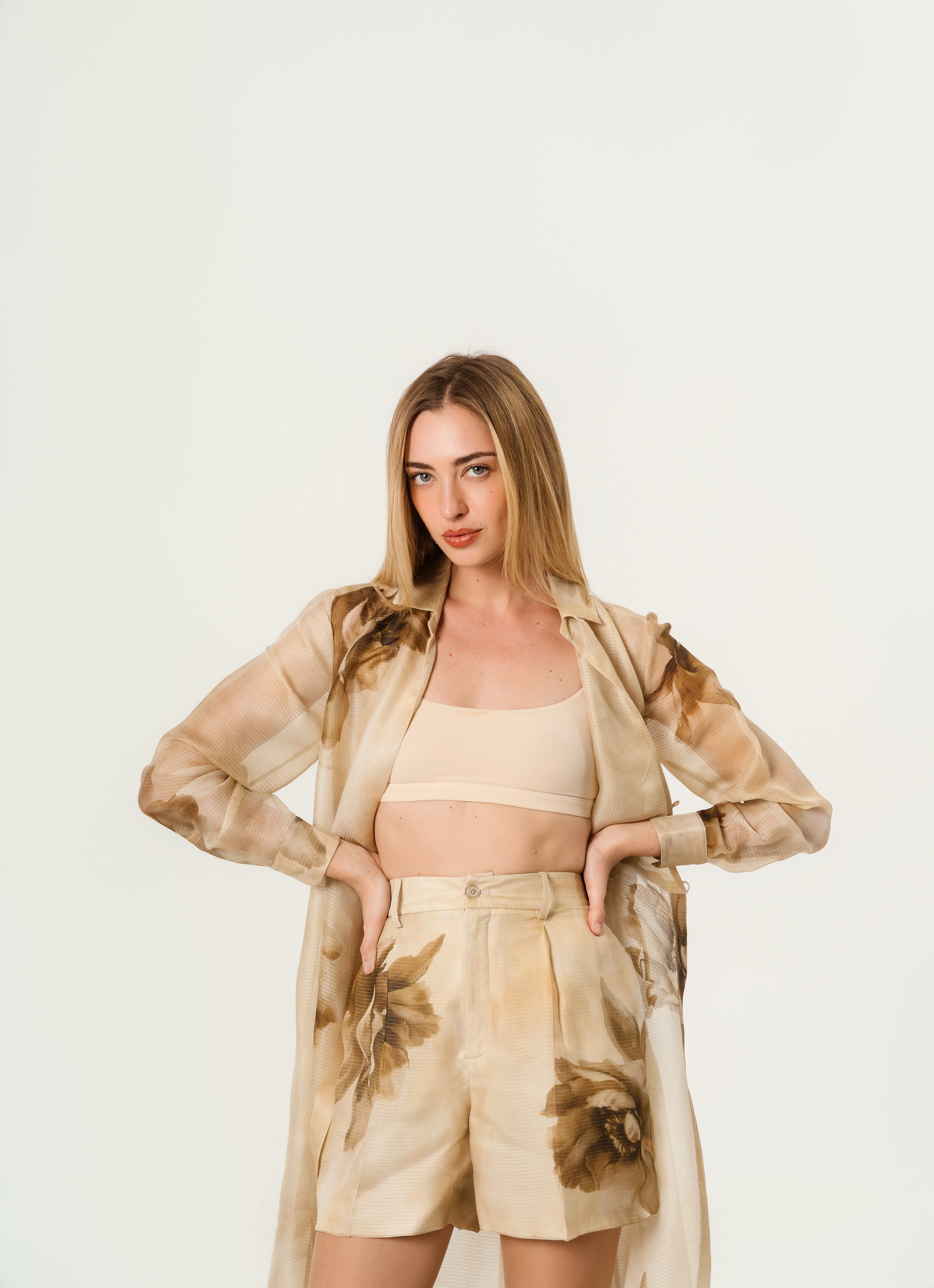 Ralph Laurent Tracy Pleated Floral Silk Gauze Short XXXS