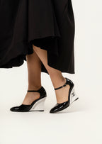 Chanel Patent Cap Toe CC Wedge Ankle Strap Pumps 37 size black and white