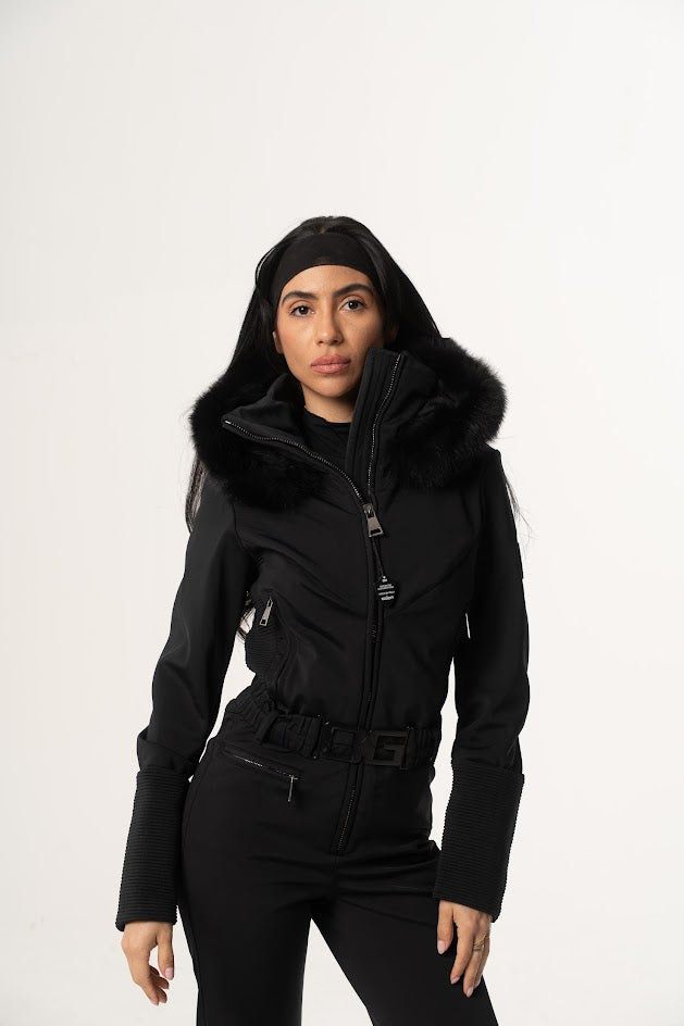 one piece jumpsuit crafted From OGIER Waterproof FOX FUR TRIM versatile elegance OK