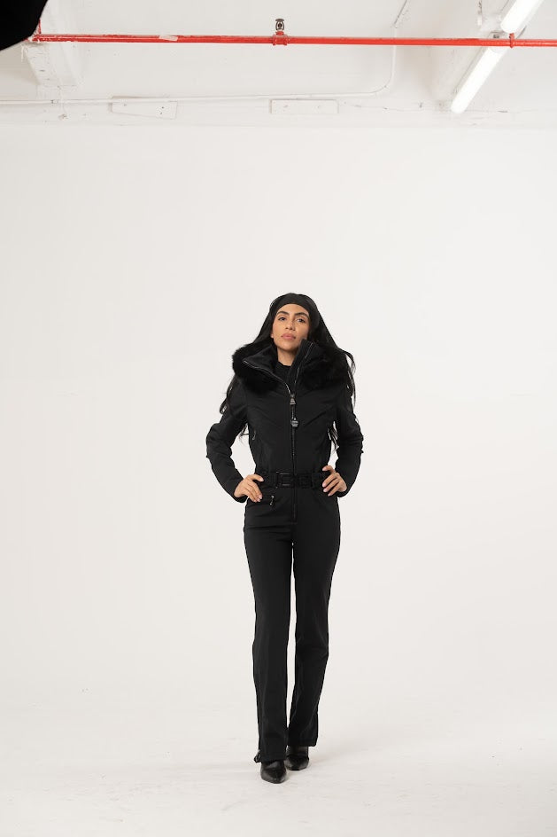 one piece jumpsuit crafted From OGIER Waterproof FOX FUR TRIM versatile elegance OK
