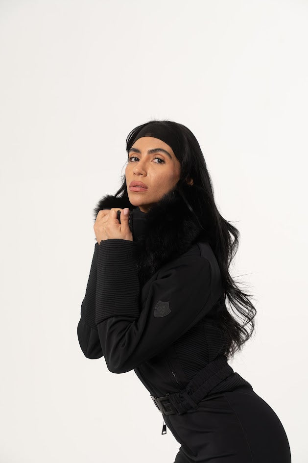 one piece jumpsuit crafted From OGIER Waterproof FOX FUR TRIM versatile elegance OK