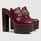 Gucci Womens Plataform Mule With Horsebit in Rosso Ancora Leather Size 36/5