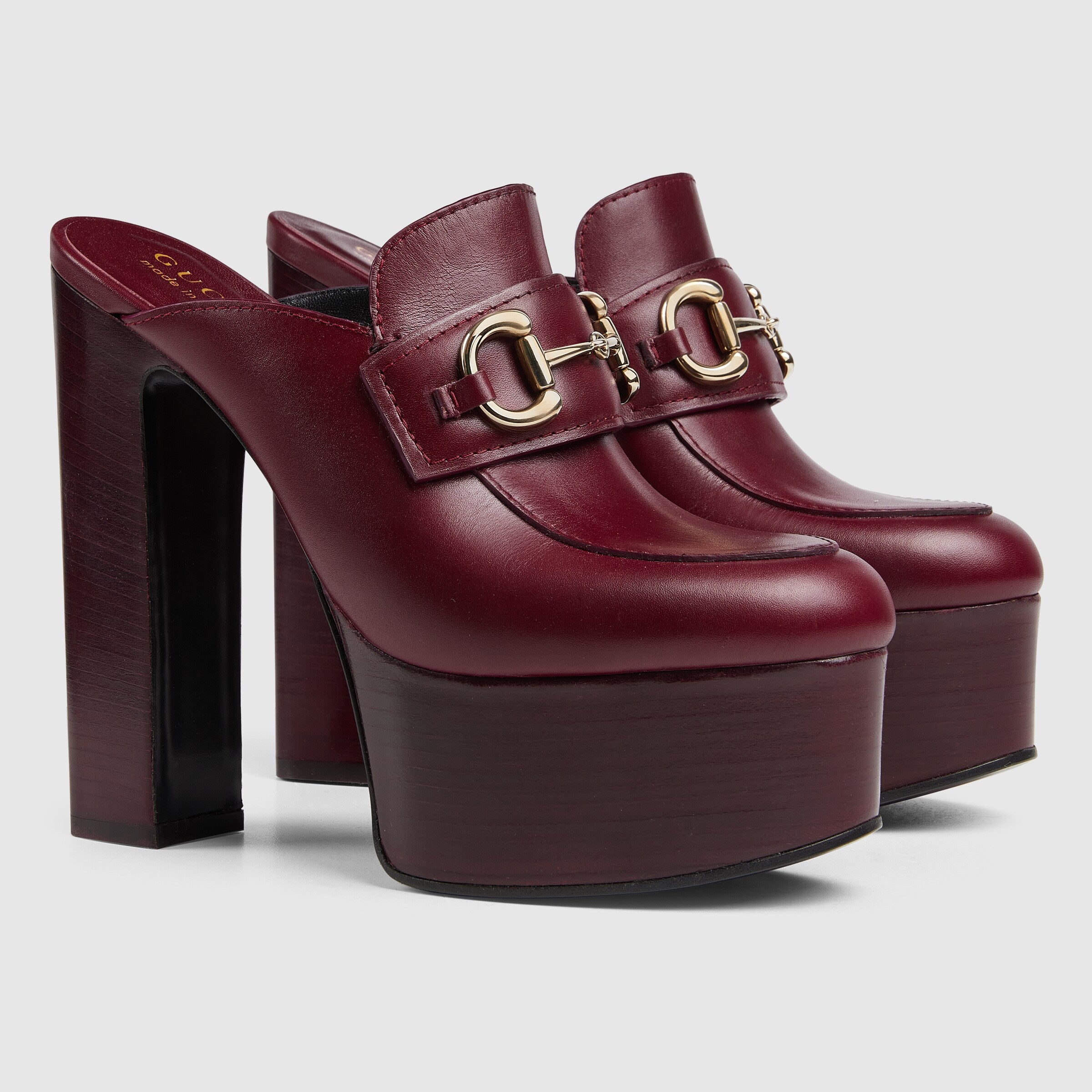 Gucci Womens Plataform Mule With Horsebit in Rosso Ancora Leather Size 36/5